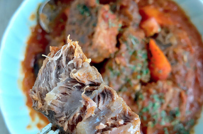 Slow-cooked Mexican Beef Stew Recipe: Chunky beef tendon slow-cooked in a hearty tomato-based gravy for 4 hours until the meat is so tender and succulent that it almost melts in your mouth.