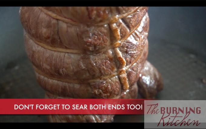 Searing roast beef end in pan