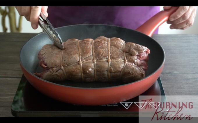 Searing roast beef in pan