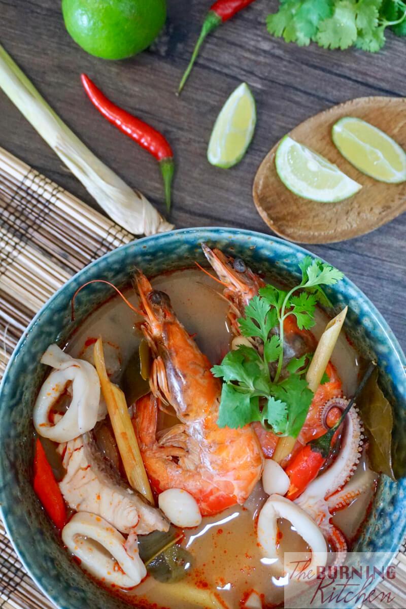 Tom Yum Talay: An extremely popular Thai soup characterised by its distinctive sweet, spicy and hot flavour due to addition of fragrant spices and herbs indigenous to Southeast Asia. You can either cook it with seafood (Tom Yum Talay), prawns (Tom Yum Khoong), or chicken (Tum Yum Gai), and its a great dish to serve as an appetiser!
